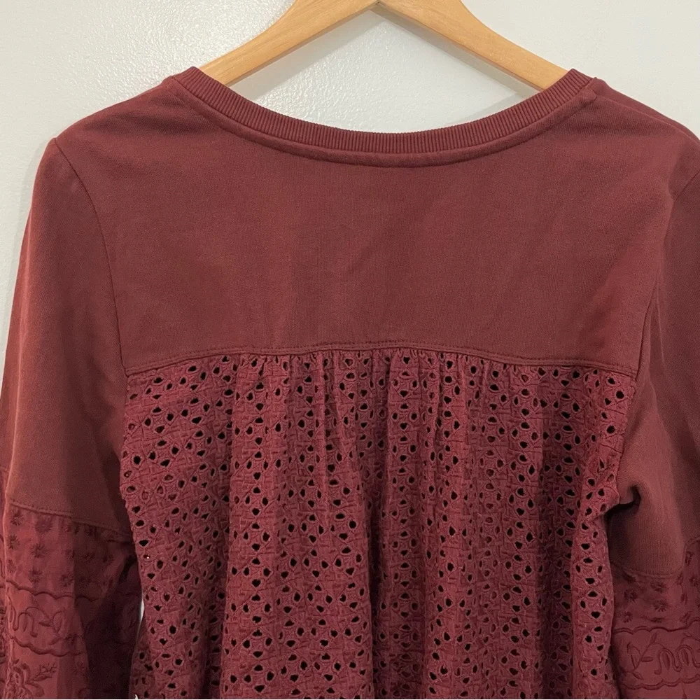 Anthropologie Plum Wine Eyelet Lace Puffy Sleeves Oversized Top Size S